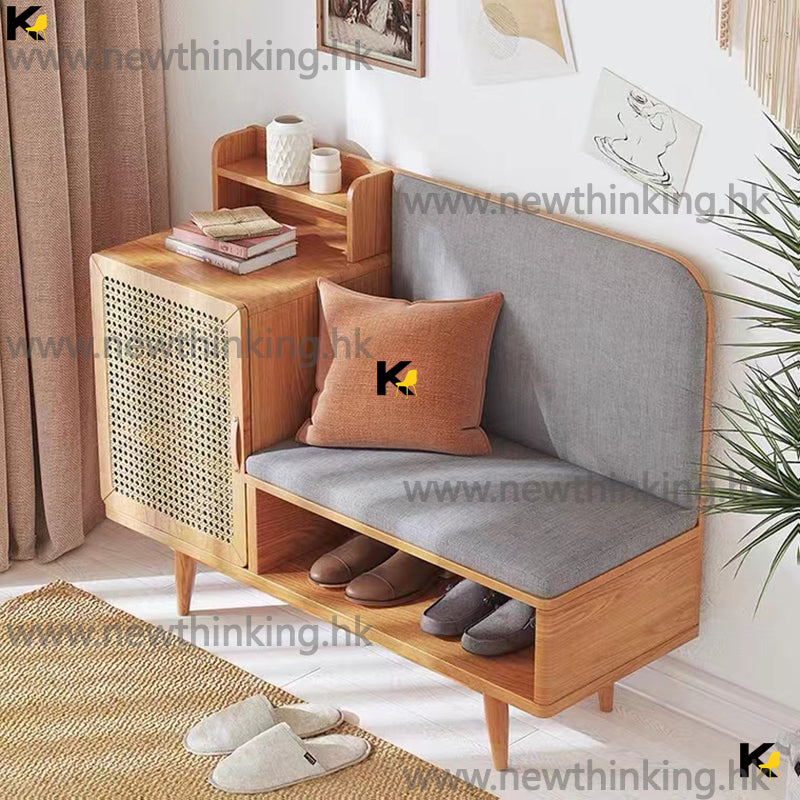 A&amp;0554 Solid Wood Shoe Cabinet and Shoe Stool, Japanese Style Rattan Shoe Cabinet, Shoe Rack, Shoe Stool, Entry-level Storage Cabinet, Storage Rack, Storage Shelf, Entryway Seat