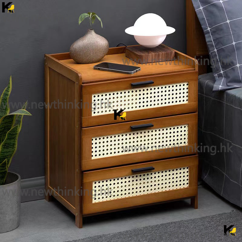 A&amp;0579 Bedside table/drawer cabinet, made of bamboo, is an economical and practical bedroom cabinet with low doors.