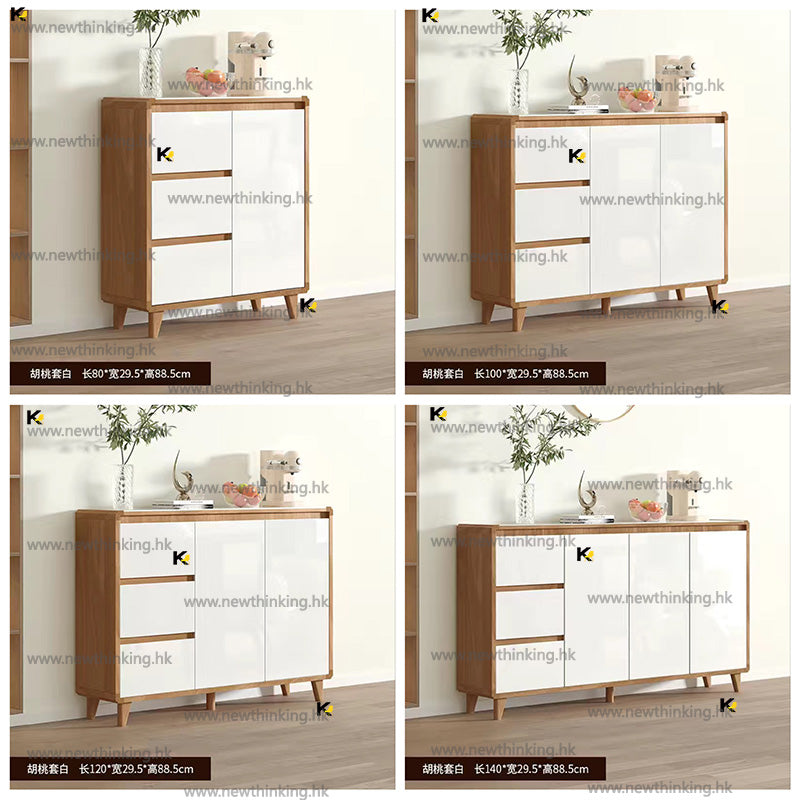 A&amp;0607 Solid Wood Sideboard, Natural Wood Color, Piano Gloss Lacquer Panel, Kitchen Storage Cabinet, Storage Cabinet, Tea Cabinet, Dish Cabinet, Pot and Pan Storage Cabinet, Partition Cabinet, Tempered Glass Countertop