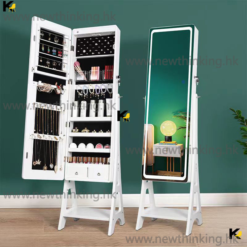 A&amp;0666 Multi-purpose floor-standing dressing mirror, jewelry storage cabinet, wall-mounted and floor-standing dual-use, with light, solid wood frame, full-length mirror, storage mirror, shelf.
