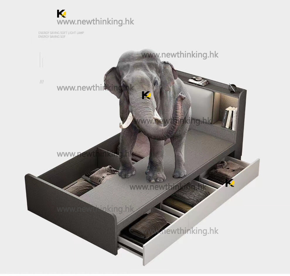 A&amp;1143 Nordic Single Bed, Storage Bed, Tatami Bed with Cabinet and Storage Boxes, Upholstered Headboard, Double Bed