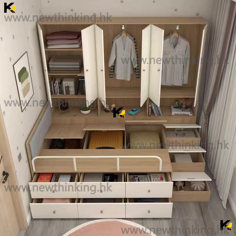 A&amp;0708 Combined Bed with Wardrobe, Tatami, Storage, and Children's Bed - Multifunctional Half-Height Bed