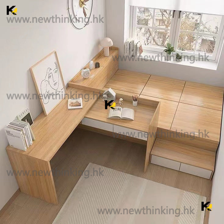 A&amp;0763 Japanese-style tatami bed frame storage bed with combination cabinet for desk, wardrobe, and multi-functional storage.