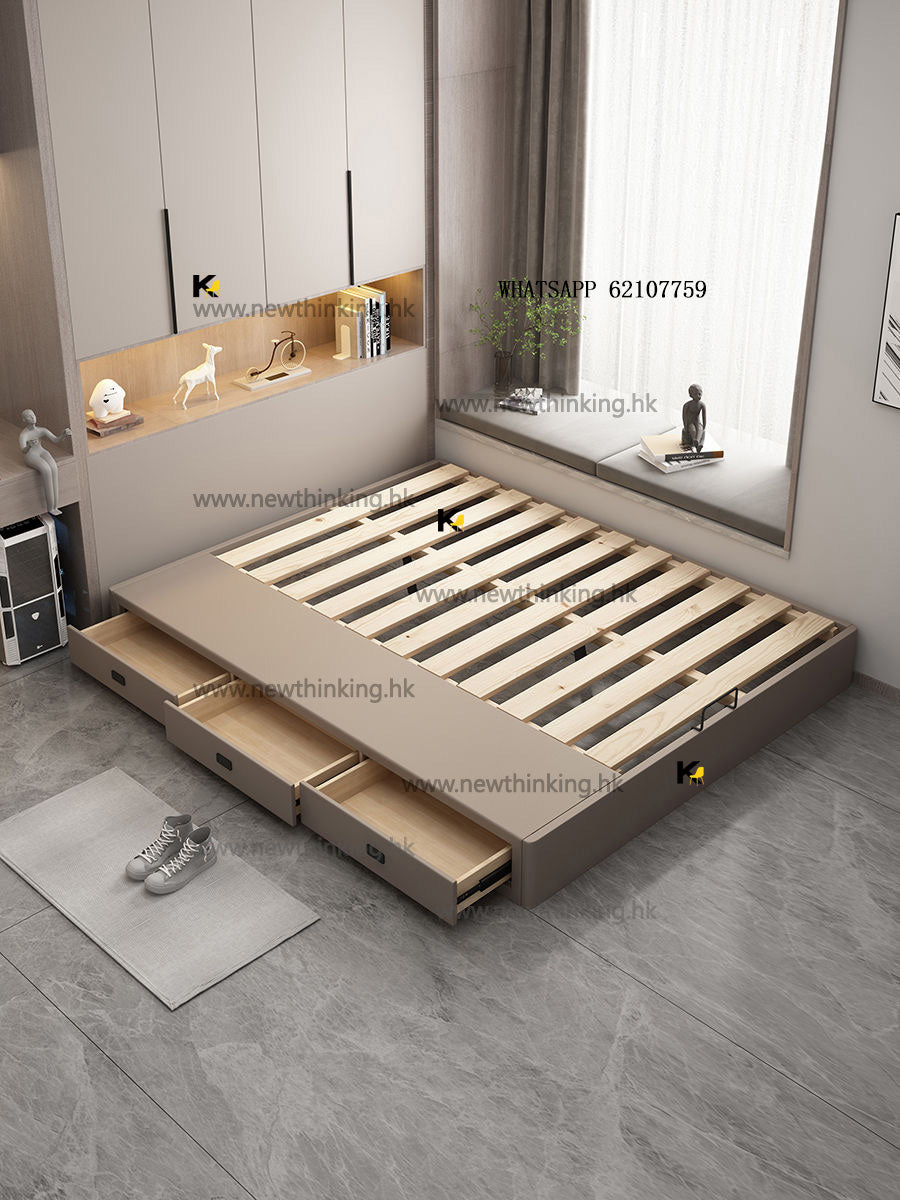 A&amp;5136 Solid wood bed frame, no headboard design, made of engineered leather, floor-standing tatami bed frame, single/double bed, slatted bed frame, drawer bed, storage bed, cabinet bed, minimalist style, brand new, free delivery.