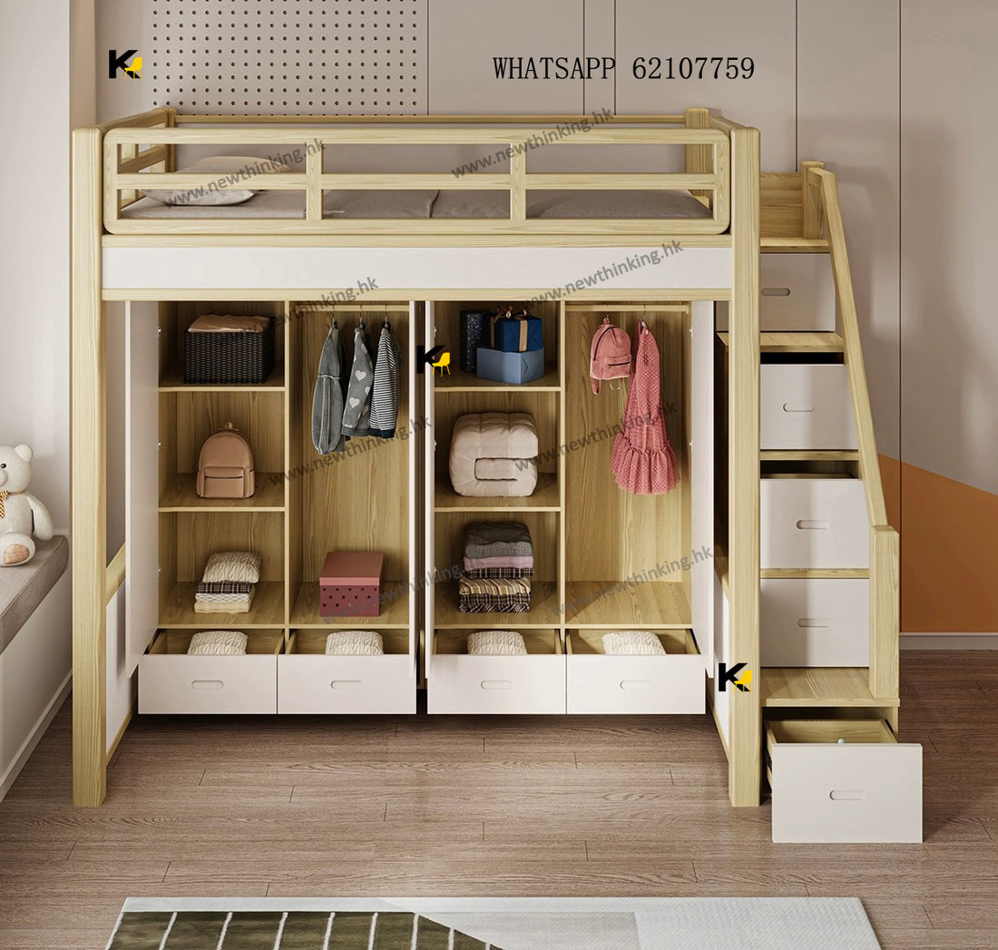 A&amp;1435 Imported Solid Rubberwood Loft Bed Combination Bed with Wardrobe and Desk, Half-height Bed, Adult Bed, Children's Bed, Bunk Bed, Single Bed, Double Bed, Duplex Bed with Cabinets and Ladders