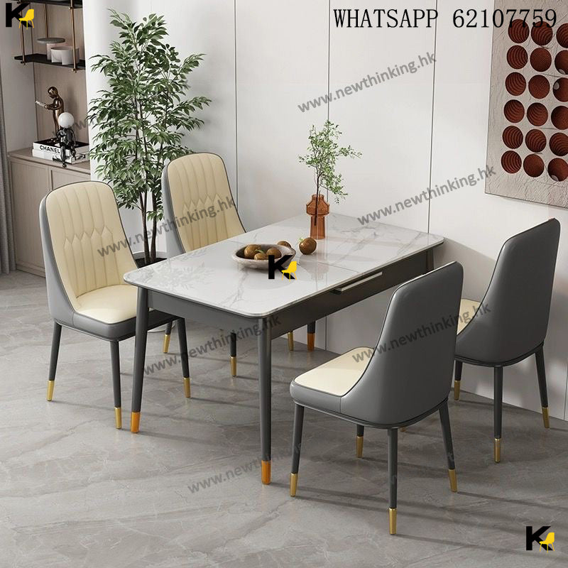 A&amp;1505 Retractable Dining Table and Chair Set: Marble Folding Table and Chairs, Solid Wood Frame, Extendable Slab Table