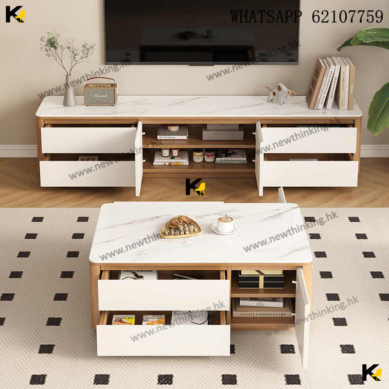 A&amp;1512 TV cabinet and coffee table combination with marble countertop, living room storage cabinet, floor-standing TV cabinet.