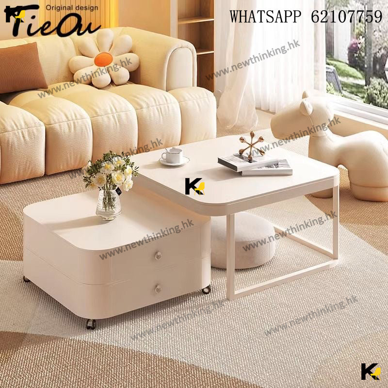 A&amp;1585 Square Folding Coffee Table with Glass Top, Slab Marble Tabletop, High Temperature and Wear-Resistant, Combination Table