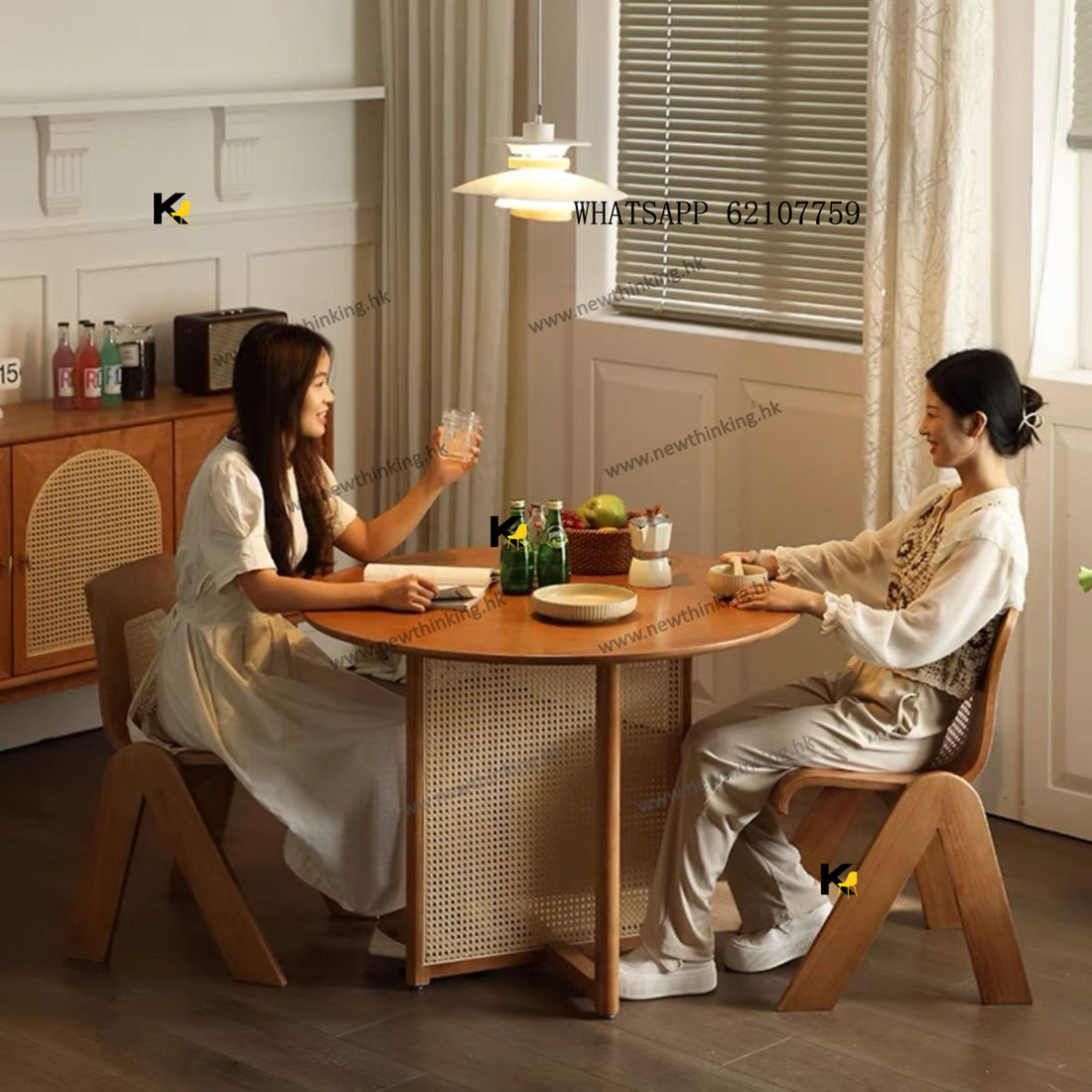 A&amp;1711 Solid Wood Rubberwood Dining Table and Chair Set, Round Dining Table, Japanese Style Rattan Dining Table and Chairs, Cafe Table