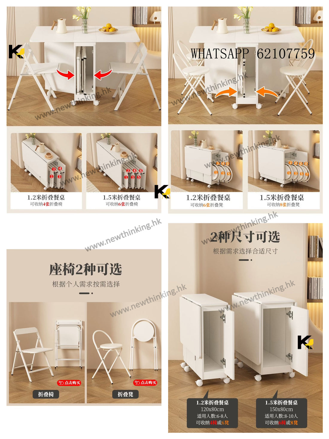 A&amp;1738 No-Installation Folding Dining Table and Chair Set: Marble Folding Table with Wooden Tabletop, Backrest, and Movable Chairs and Stools with Rollers