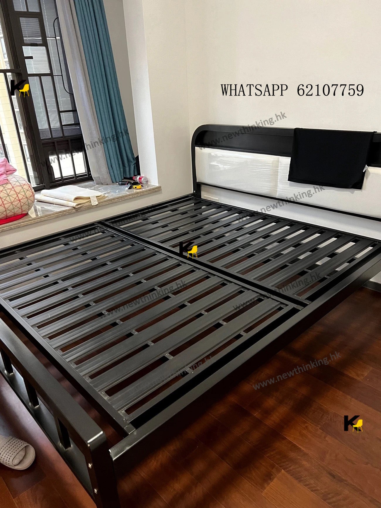 A&1811 Thickened Iron Frame Bed with Upholstered Headboard