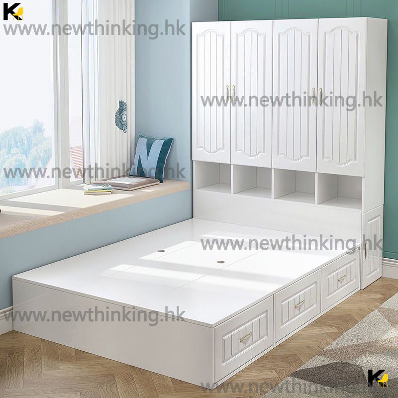 A&amp;0417 Wardrobe Bed Combination Bed, Tatami Bed Frame Combination Cabinet, Bedroom Storage Cabinet, Single Bed, Double Bed, Storage Bed, High Box Bed, Customizable Sizes Available, White Bed Frame, White Wardrobe
