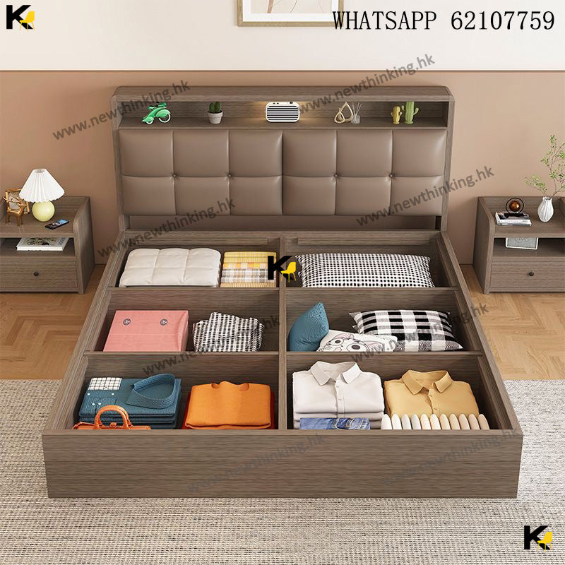 A&amp;0487 Storage Bed, High Box Bed, Tatami Bed Frame, Wooden Multifunctional Bed Frame, Double Bed, Large Bed Frame, Panel Bed